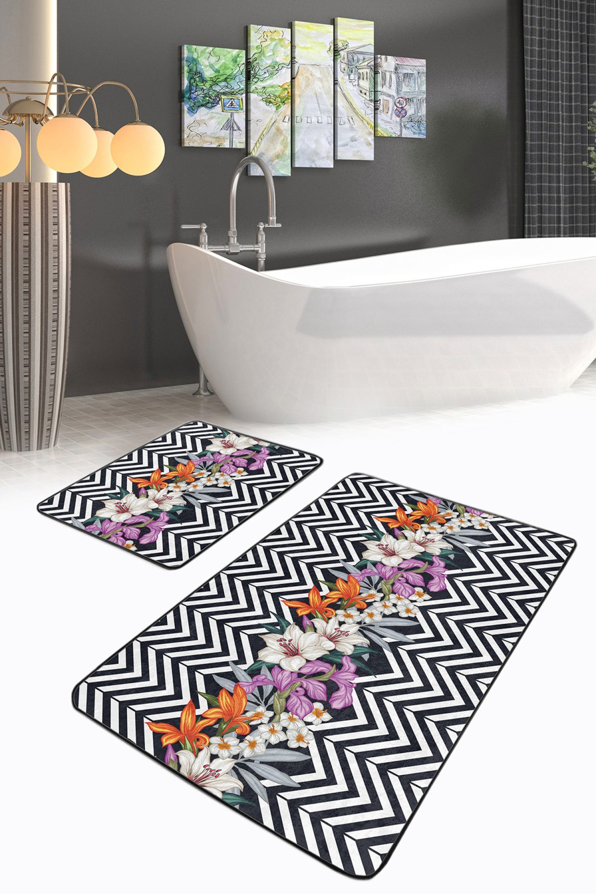 Zigzag Zemin Renkli Gül Tasarımlı 2'li Kaymaz Tabanlı Banyo & Mutfak Paspas Takımı Realhomes