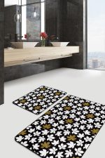 - PaspasTakimi-2li-Set250-Gorsel - Realhomes  Siyah Zemin Gold Detaylı Beyaz Yaprak Motifli 2'li Kaymaz Tabanlı Banyo & Mutfak Paspas Takımı Realhomes
