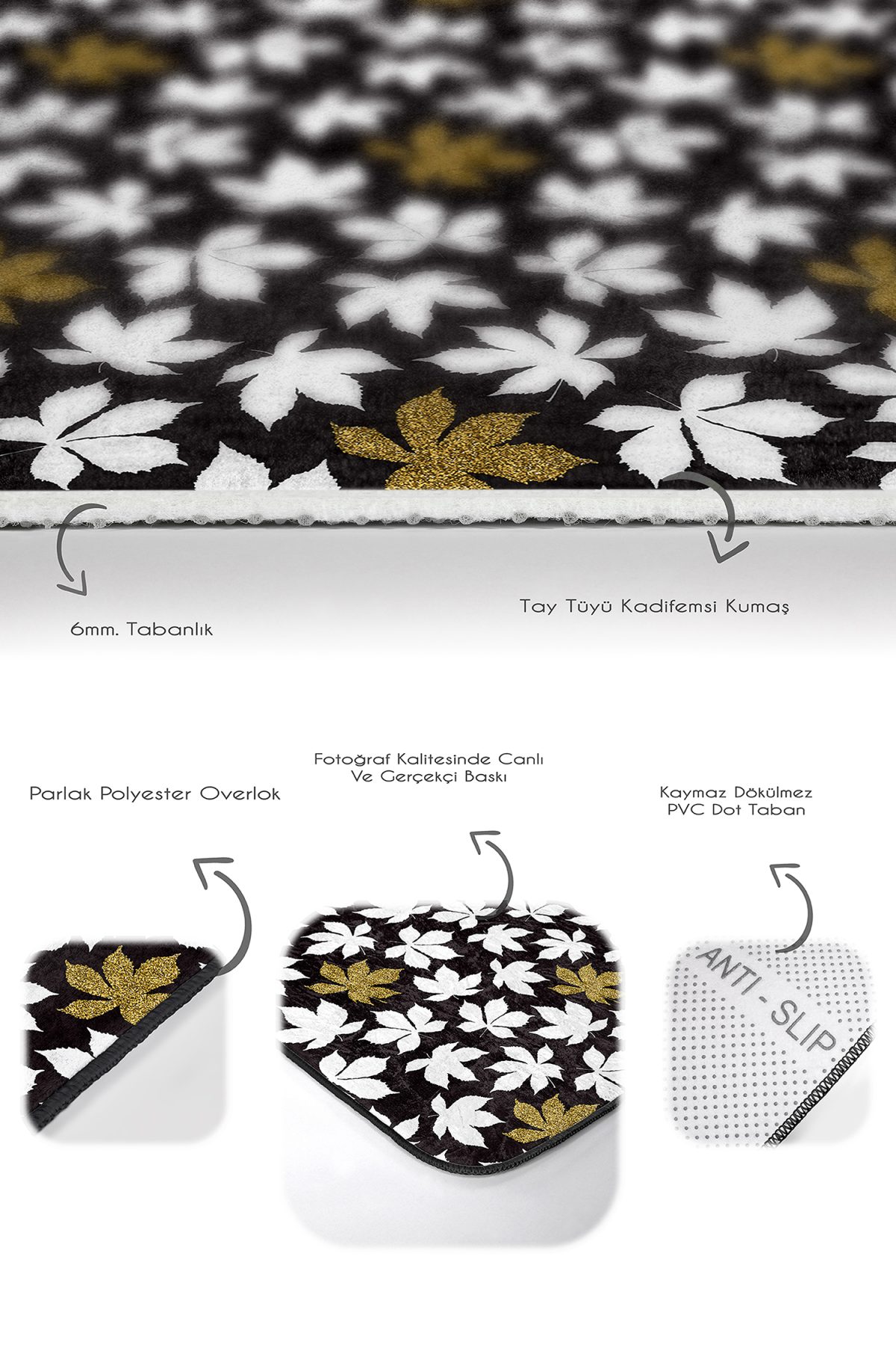 Siyah Zemin Gold Detaylı Beyaz Yaprak Motifli 2'li Kaymaz Tabanlı Banyo & Mutfak Paspas Takımı Realhomes