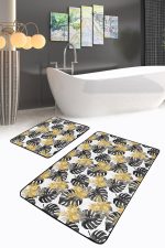 - PaspasTakimi-2li-Set255-Gorsel-1 - Realhomes  Beyaz Zemin Siyah Gold Detaylı Tropik Yapraklar 2'li Kaymaz Tabanlı Banyo & Mutfak Paspas Takımı Realhomes