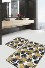 - PaspasTakimi-2li-Set255-Gorsel - Realhomes  Beyaz Zemin Siyah Gold Detaylı Tropik Yapraklar 2'li Kaymaz Tabanlı Banyo & Mutfak Paspas Takımı Realhomes