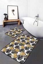 - PaspasTakimi-2li-Set255-Gorsel-2 - Realhomes  Beyaz Zemin Siyah Gold Detaylı Tropik Yapraklar 2'li Kaymaz Tabanlı Banyo & Mutfak Paspas Takımı Realhomes