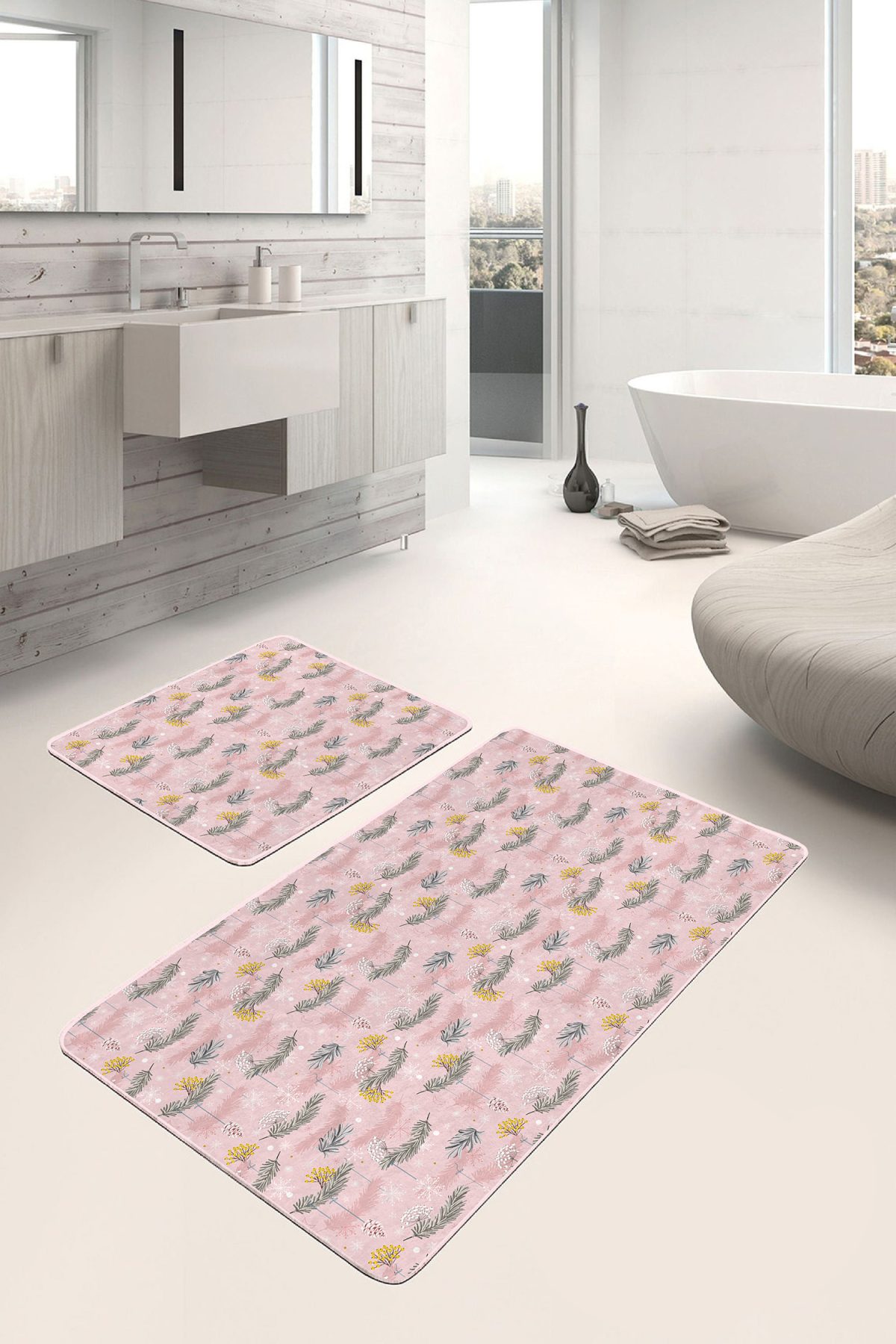 Pembe Zeminli Çam Yaprakları Özel Tasarım 2'li Kaymaz Tabanlı Banyo & Mutfak Paspas Takımı Realhomes