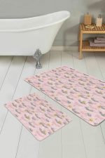 - PaspasTakimi-2li-Set256-Gorsel-2 - Realhomes  Pembe Zeminli Çam Yaprakları Özel Tasarım 2'li Kaymaz Tabanlı Banyo & Mutfak Paspas Takımı Realhomes