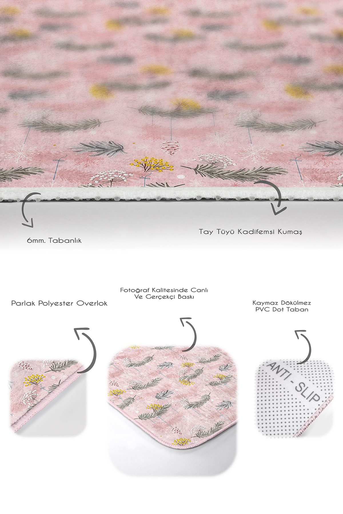 Pembe Zeminli Çam Yaprakları Özel Tasarım 2'li Kaymaz Tabanlı Banyo & Mutfak Paspas Takımı Realhomes
