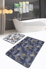 - PaspasTakimi-2li-Set257-Gorsel-1 - Realhomes  Gold Detaylı Lacivert Tropik Yaprak Özel Tasarımlı 2'li Kaymaz Tabanlı Banyo & Mutfak Paspas Takımı Realhomes