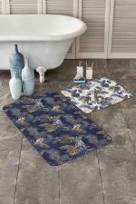 - PaspasTakimi-2li-Set257-Gorsel - Realhomes  Gold Detaylı Lacivert Tropik Yaprak Özel Tasarımlı 2'li Kaymaz Tabanlı Banyo & Mutfak Paspas Takımı Realhomes