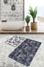 - PaspasTakimi-2li-Set257-Gorsel-2 - Realhomes  Gold Detaylı Lacivert Tropik Yaprak Özel Tasarımlı 2'li Kaymaz Tabanlı Banyo & Mutfak Paspas Takımı Realhomes