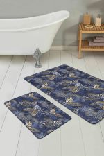 - PaspasTakimi-2li-Set258-Gorsel-1 - Realhomes  Gold Detaylı Lacivert Tropik Yaprak Özel Tasarımlı 2'li Kaymaz Tabanlı Banyo & Mutfak Paspas Takımı Realhomes