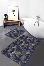 - PaspasTakimi-2li-Set258-Gorsel - Realhomes  Gold Detaylı Lacivert Tropik Yaprak Özel Tasarımlı 2'li Kaymaz Tabanlı Banyo & Mutfak Paspas Takımı Realhomes