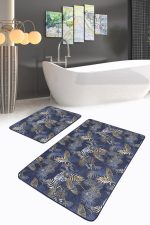 - PaspasTakimi-2li-Set258-Gorsel-2 - Realhomes  Gold Detaylı Lacivert Tropik Yaprak Özel Tasarımlı 2'li Kaymaz Tabanlı Banyo & Mutfak Paspas Takımı Realhomes