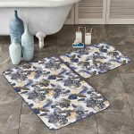 Düz Renk Zemin Yaprak Çizimli Dijital Baskılı 2'li Kaymaz Tabanlı Banyo & Mutfak Paspas Takımı Realhomes