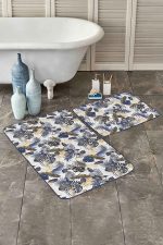 - PaspasTakimi-2li-Set259-Gorsel - Realhomes  Gold Detaylı Lacivert Tropik Yaprak Özel Tasarımlı 2'li Kaymaz Tabanlı Banyo & Mutfak Paspas Takımı Realhomes