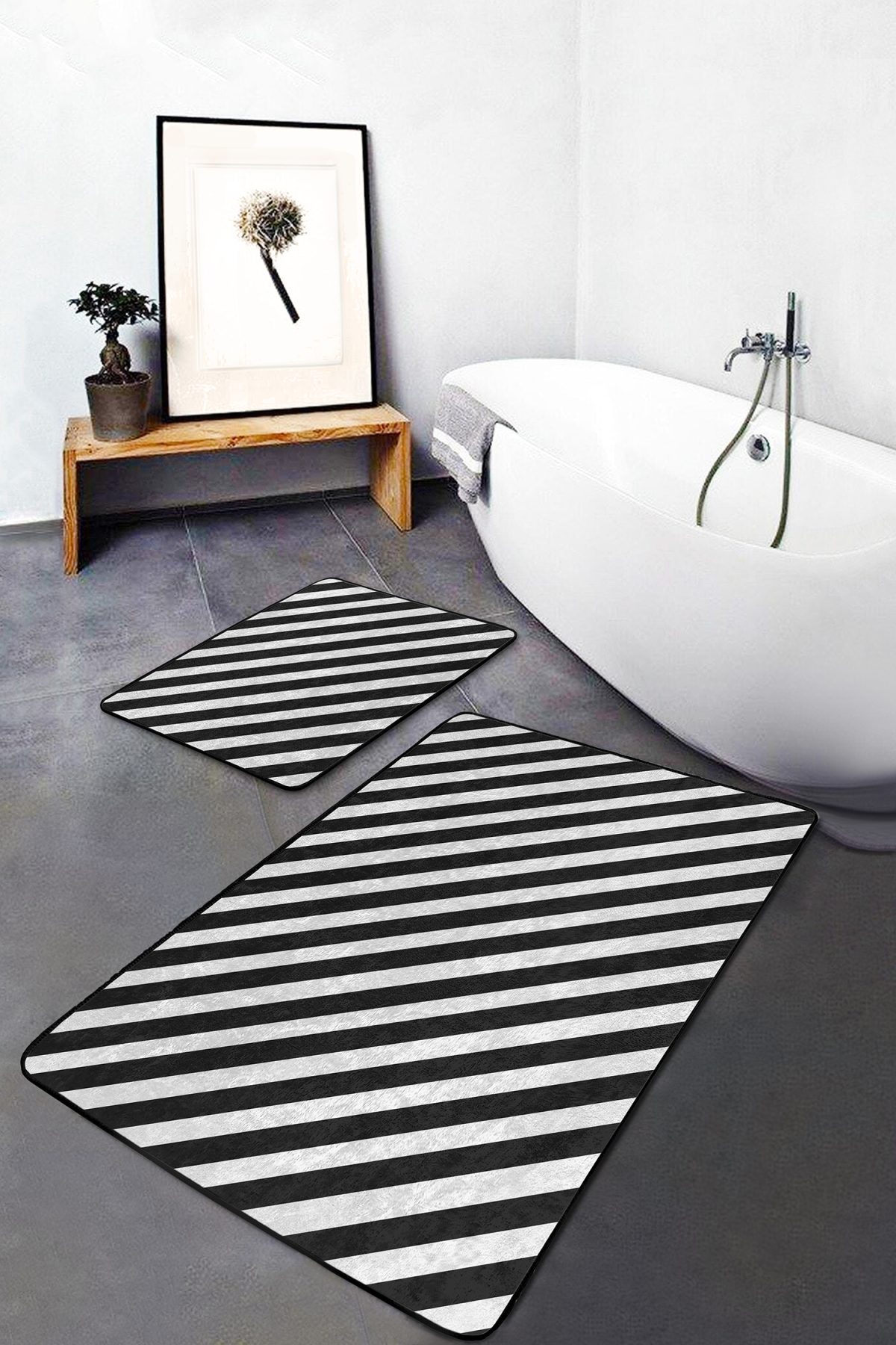 Siyah Beyaz Çapraz Çizgi Tasarımlı 2'li Kaymaz Tabanlı Banyo & Mutfak Paspas Takımı Realhomes