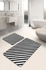 - PaspasTakimi-2li-Set26-Gorsel-2 - Realhomes  Siyah Beyaz Çapraz Çizgi Tasarımlı 2'li Kaymaz Tabanlı Banyo & Mutfak Paspas Takımı Realhomes