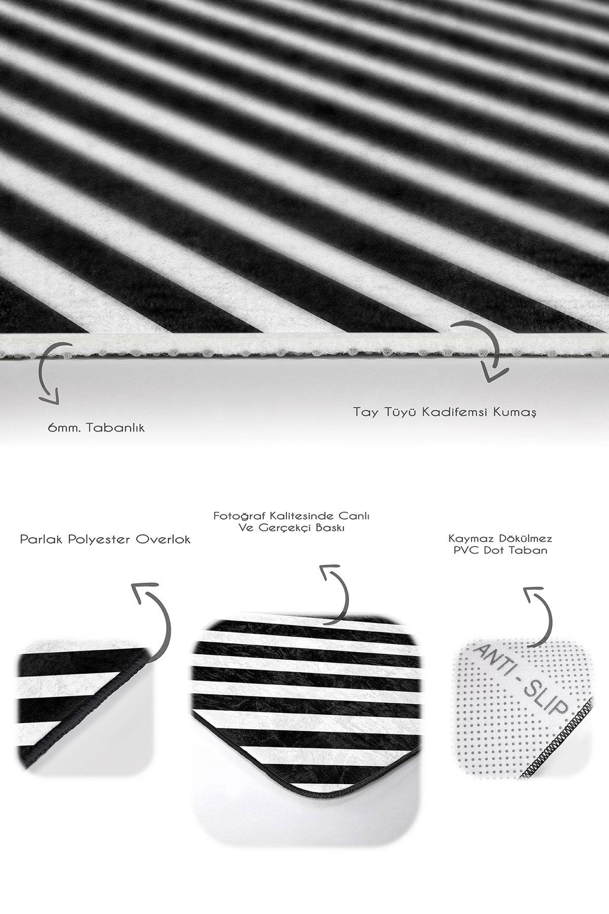 Siyah Beyaz Çapraz Çizgi Tasarımlı 2'li Kaymaz Tabanlı Banyo & Mutfak Paspas Takımı Realhomes