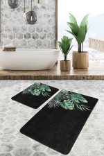 - PaspasTakimi-2li-Set260-Gorsel-1 - Realhomes Siyah Zemin Tropik Yaprak Tasarımlı Dijital Baskılı 2'li Kaymaz Tabanlı Banyo & Mutfak Paspas Takımı Realhomes