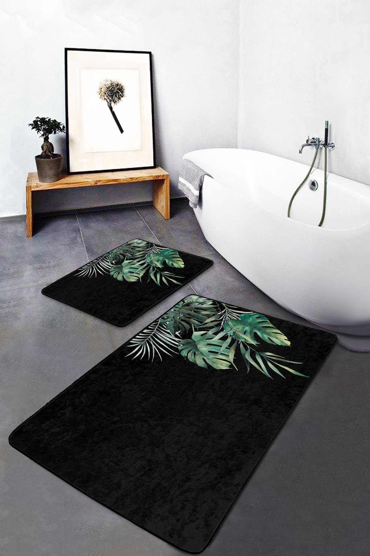 Siyah Zemin Tropik Yaprak Tasarımlı Dijital Baskılı 2'li Kaymaz Tabanlı Banyo & Mutfak Paspas Takımı Realhomes