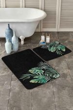 - PaspasTakimi-2li-Set260-Gorsel-2 - Realhomes Siyah Zemin Tropik Yaprak Tasarımlı Dijital Baskılı 2'li Kaymaz Tabanlı Banyo & Mutfak Paspas Takımı Realhomes