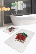 Ekose Tasarımlı Geyik Motifli Yılbaşı Temalı 2'li Kaymaz Tabanlı Banyo & Mutfak Paspas Takımı Realhomes