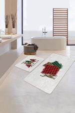 Ekose Tasarımlı Geyik Motifli Yılbaşı Temalı 2'li Kaymaz Tabanlı Banyo & Mutfak Paspas Takımı Realhomes