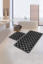 - PaspasTakimi-2li-Set27-Gorsel - Realhomes  Siyah Zemin Beyaz Ogea Dijital Baskılı 2'li Kaymaz Tabanlı Banyo & Mutfak Paspas Takımı Realhomes