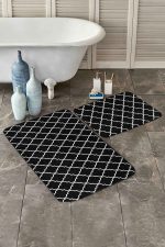 - PaspasTakimi-2li-Set27-Gorsel-2 - Realhomes  Siyah Zemin Beyaz Ogea Dijital Baskılı 2'li Kaymaz Tabanlı Banyo & Mutfak Paspas Takımı Realhomes