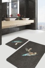 Koyu Füme Zeminli Renkli Tüy Motifli 2'li Kaymaz Tabanlı Banyo & Mutfak Paspas Takımı Realhomes