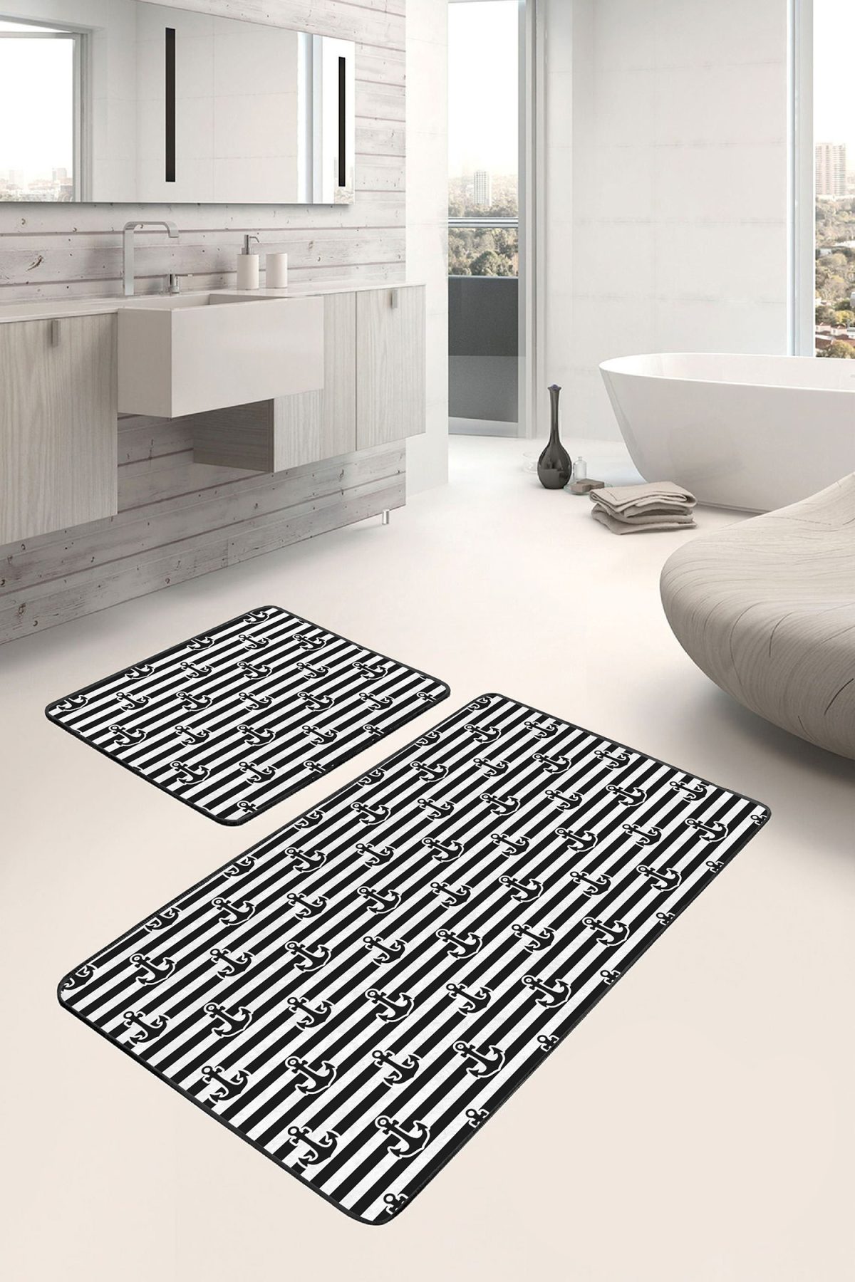 Siyah Beyaz Çizgili Çapa Tasarımlı 2'li Kaymaz Tabanlı Banyo & Mutfak Paspas Takımı Realhomes