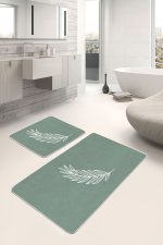 - PaspasTakimi-2li-Set289-Gorsel-2 - Realhomes Düz Renk Zemin Yaprak Çizimli Dijital Baskılı 2'li Kaymaz Tabanlı Banyo & Mutfak Paspas Takımı Realhomes