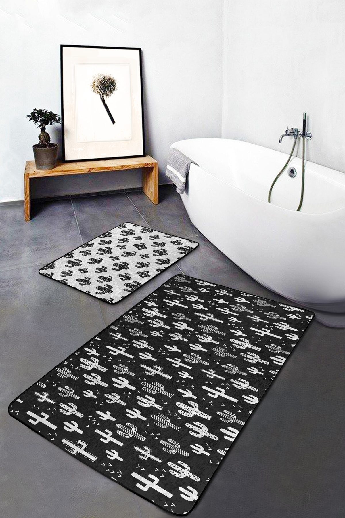 Siyah Beyaz Kaktüs Motifli Özel Tasarım 2'li Kaymaz Tabanlı Banyo & Mutfak Paspas Takımı Realhomes