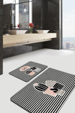 Çizgili Zemin Kaktüs Özel Tasarım Dijital Baskılı 2'li Kaymaz Tabanlı Banyo & Mutfak Paspas Takımı Realhomes