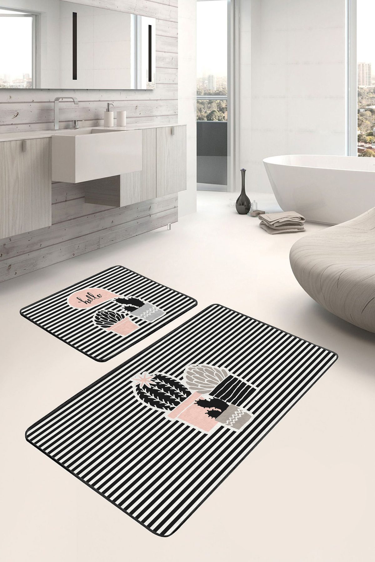 Çizgili Zemin Kaktüs Özel Tasarım Dijital Baskılı 2'li Kaymaz Tabanlı Banyo & Mutfak Paspas Takımı Realhomes