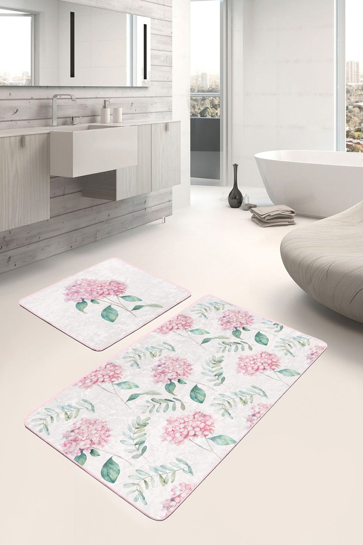 Beyaz Zemin Ortanca Çiçeği Dijital Baskılı 2'li Kaymaz Tabanlı Banyo & Mutfak Paspas Takımı Realhomes