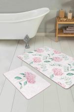 - PaspasTakimi-2li-Set294-Gorsel-2 - Realhomes  Beyaz Zemin Ortanca Çiçeği Dijital Baskılı 2'li Kaymaz Tabanlı Banyo & Mutfak Paspas Takımı Realhomes