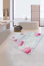 - PaspasTakimi-2li-Set296-Gorsel-1 - Realhomes Mavi Zemin Pembe Ortanca Çiçeği Dijital Baskılı 2'li Kaymaz Tabanlı Banyo & Mutfak Paspas Takımı Realhomes