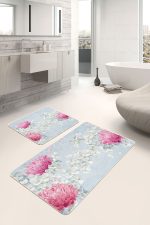 - PaspasTakimi-2li-Set296-Gorsel-2 - Realhomes Mavi Zemin Pembe Ortanca Çiçeği Dijital Baskılı 2'li Kaymaz Tabanlı Banyo & Mutfak Paspas Takımı Realhomes