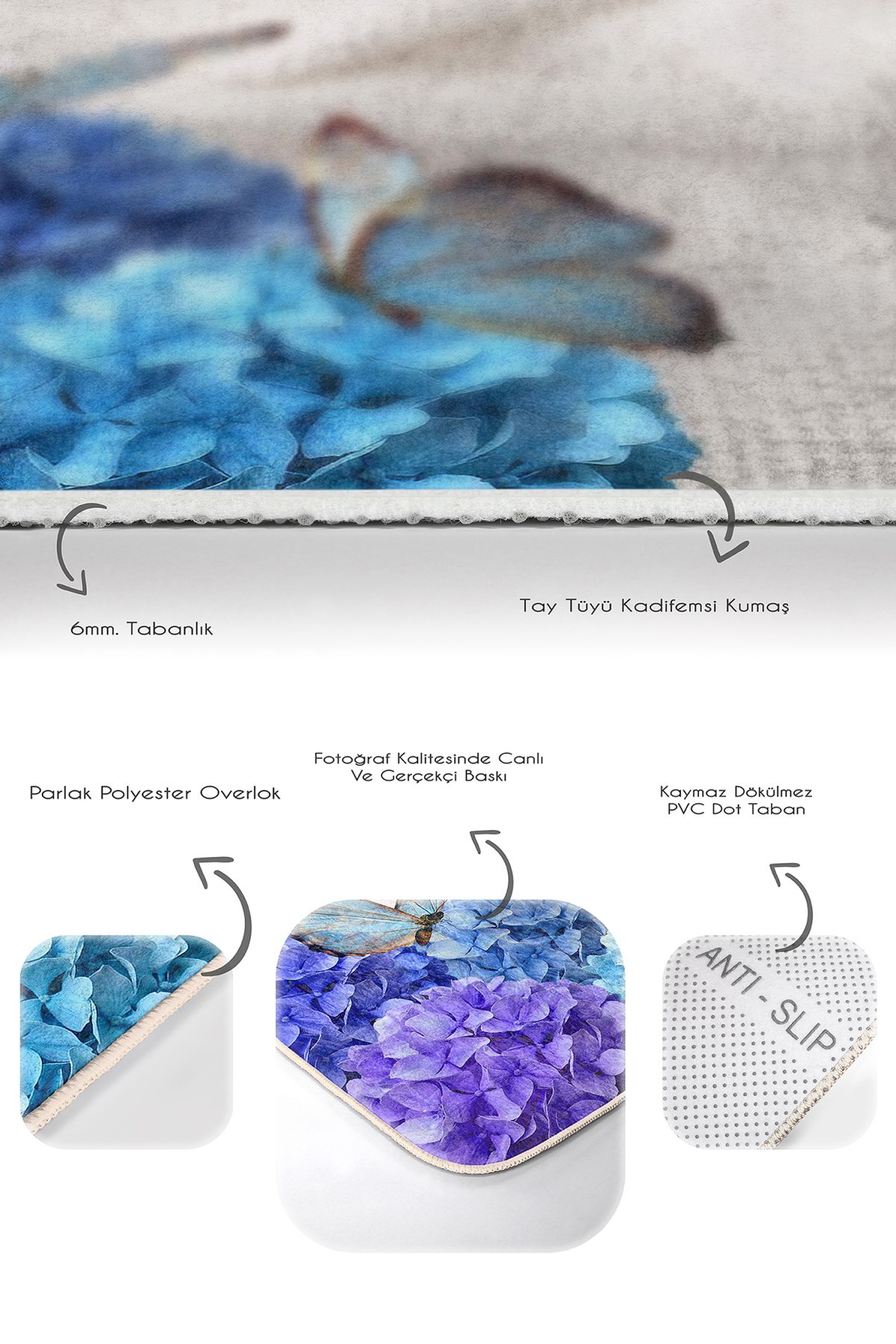 Mavi Ortanca Çiçeği Kelebek Motifli 2'li Kaymaz Tabanlı Banyo & Mutfak Paspas Takımı Realhomes
