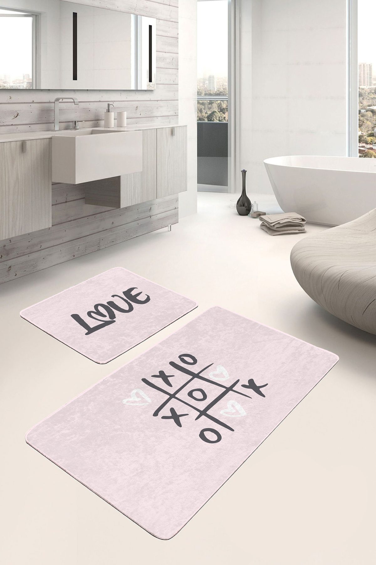 Love Temalı Pembe Zemin Dijital Baskılı 2'li Kaymaz Tabanlı Banyo & Mutfak Paspas Takımı Realhomes