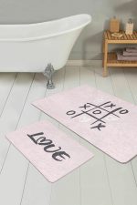 - PaspasTakimi-2li-Set300-Gorsel-2 - Realhomes  Love Temalı Pembe Zemin Dijital Baskılı 2'li Kaymaz Tabanlı Banyo & Mutfak Paspas Takımı Realhomes