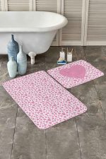 Beyaz Zemin Love Temalı Kalp Motifli 2'li Kaymaz Tabanlı Banyo & Mutfak Paspas Takımı Realhomes