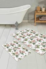 Tropik Yapraklar Özel Tasarımlı Dijital Baskılı 2'li Kaymaz Tabanlı Banyo & Mutfak Paspas Takımı Realhomes