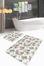 Tropik Yapraklar Özel Tasarımlı Dijital Baskılı 2'li Kaymaz Tabanlı Banyo & Mutfak Paspas Takımı Realhomes