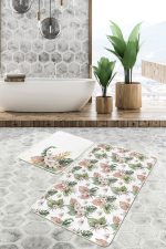 - PaspasTakimi-2li-Set309-Gorsel-1 - Realhomes  Soft Tropik Yapraklar Özel Tasarım Dijital Baskılı 2'li Kaymaz Tabanlı Banyo & Mutfak Paspas Takımı Realhomes