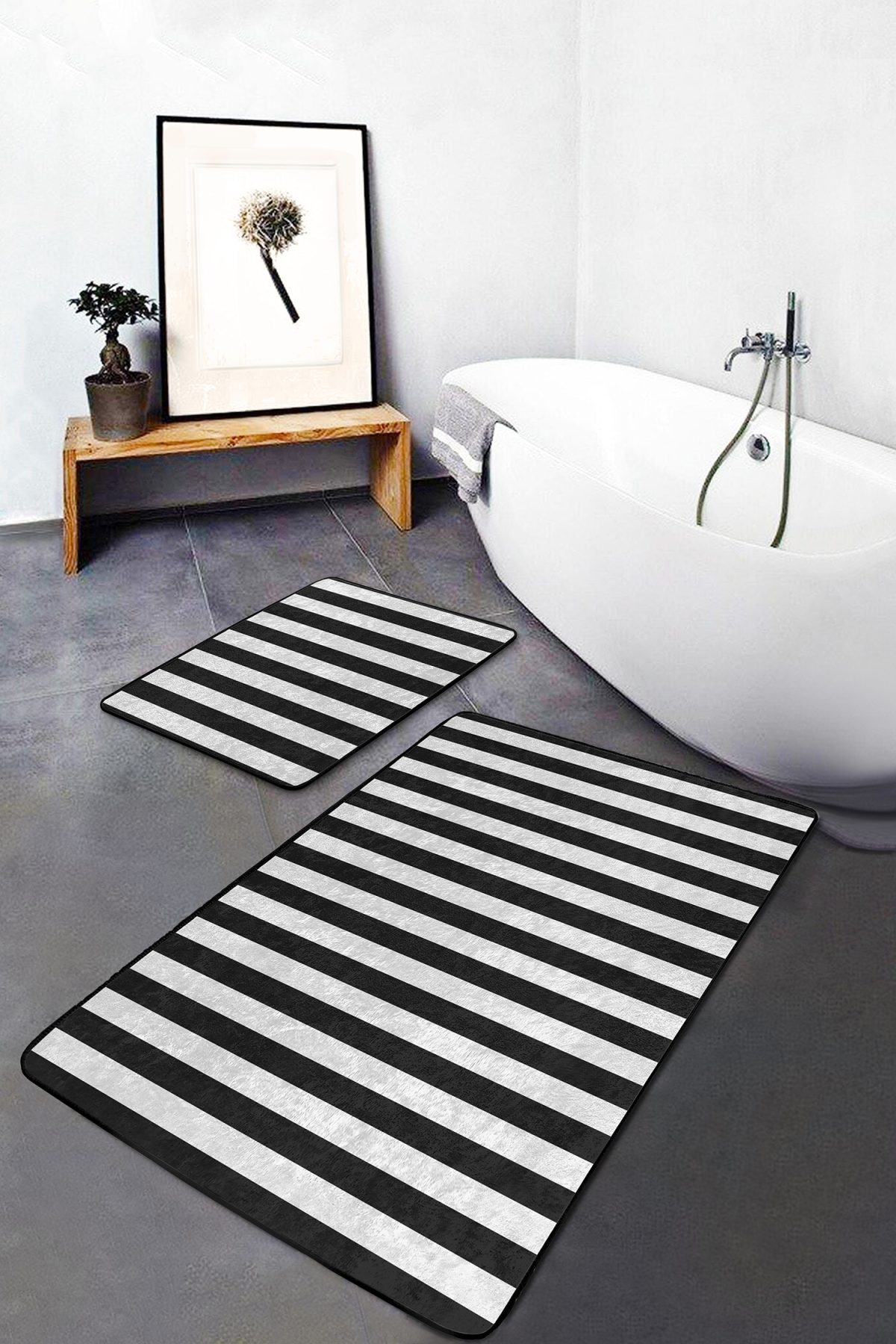 Siyah Beyaz Düz Çizgili Özel Tasarım 2'li Kaymaz Tabanlı Banyo & Mutfak Paspas Takımı Realhomes