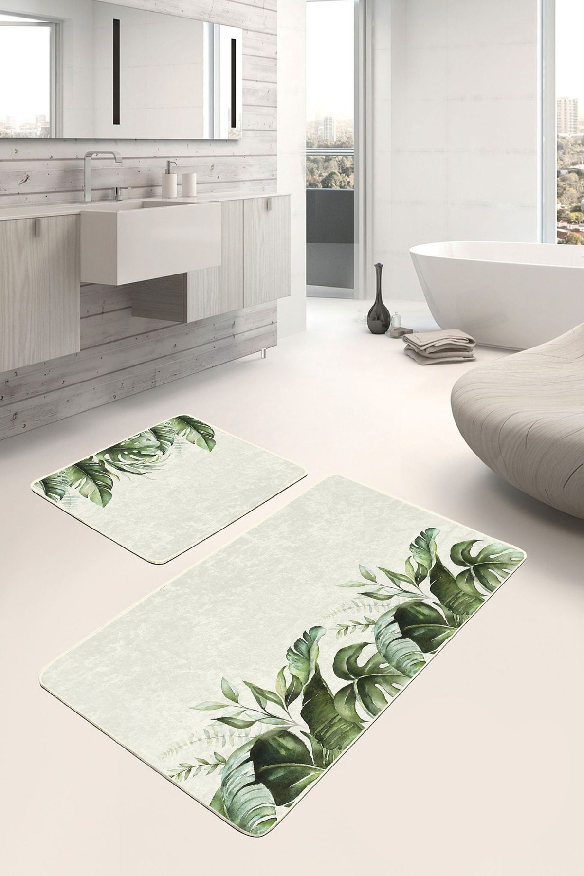Krem Zeminli Yeşil Tropik Yapraklar Özel Tasarım 2'li Kaymaz Tabanlı Banyo & Mutfak Paspas Takımı Realhomes