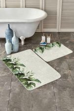 - PaspasTakimi-2li-Set311-Gorsel - Realhomes Krem Zeminli Yeşil Tropik Yapraklar Özel Tasarım 2'li Kaymaz Tabanlı Banyo & Mutfak Paspas Takımı Realhomes
