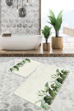 - PaspasTakimi-2li-Set311-Gorsel-2 - Realhomes Krem Zeminli Yeşil Tropik Yapraklar Özel Tasarım 2'li Kaymaz Tabanlı Banyo & Mutfak Paspas Takımı Realhomes