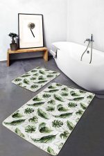 - PaspasTakimi-2li-Set312-Gorsel - Realhomes  Beyaz Zemin Yeşil Tropik Yaprak Motifli 2'li Kaymaz Tabanlı Banyo & Mutfak Paspas Takımı Realhomes