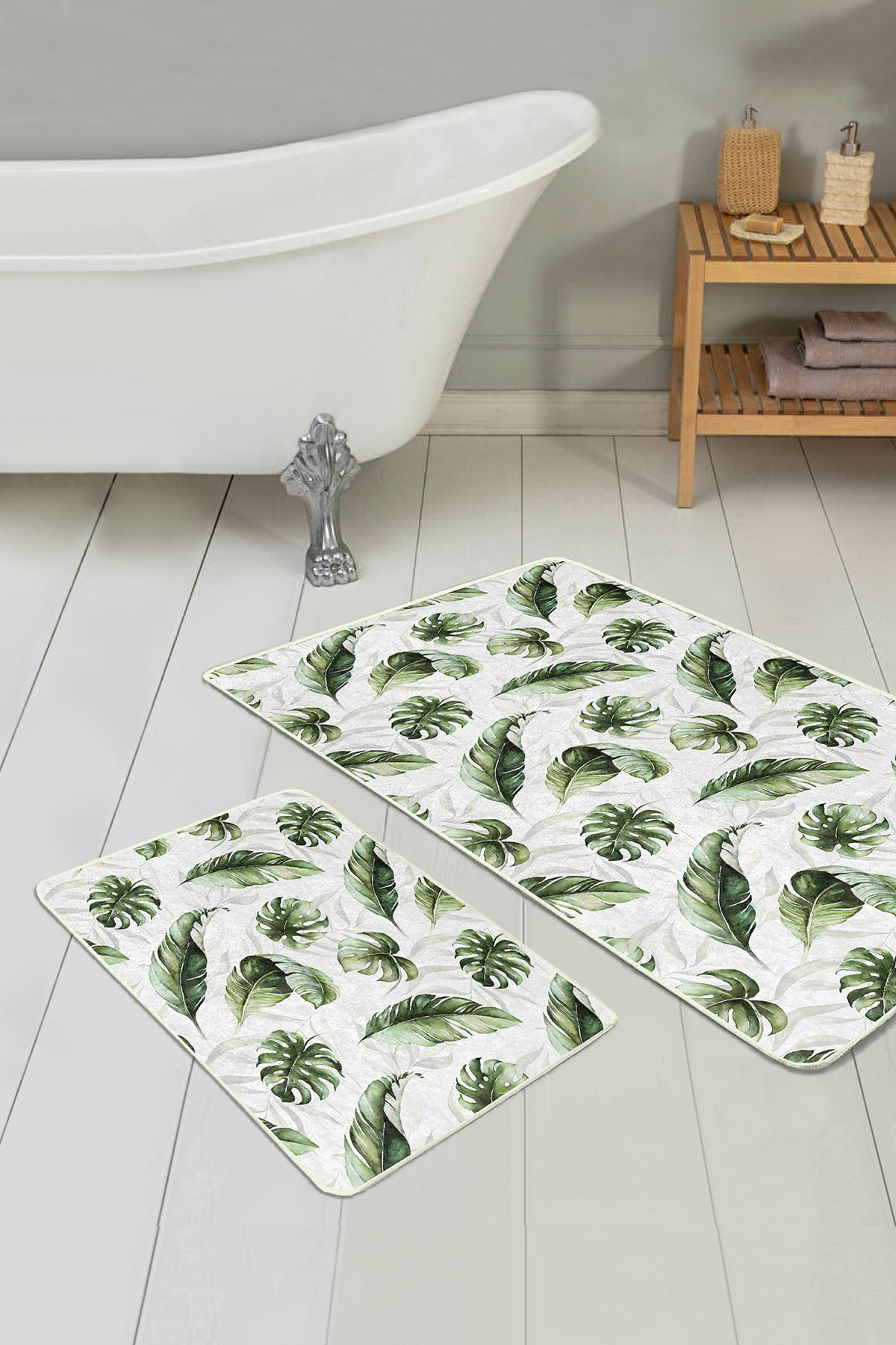 Beyaz Zemin Yeşil Tropik Yaprak Motifli 2'li Kaymaz Tabanlı Banyo & Mutfak Paspas Takımı Realhomes